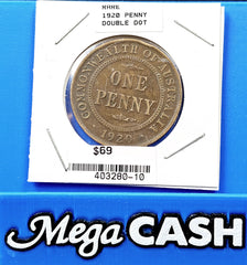 RARE Australia 1920 Double Dot One Penny