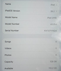 Apple iPad - A16 - Wifi Only - 128GB - A3354|MD4A4X/A