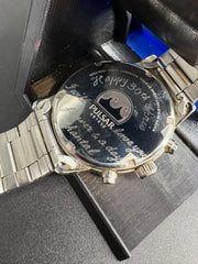 MENS PULSAR BLUE DIAL CHRONOGRAPH JAPAN MOVEMENT QUARTZ VD53-X220 WATCH - WITH INGRAVING ON BACK