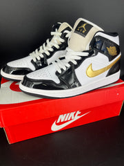 Nike Air Jordan 1 Mid Patent Black Gold Size Mens US 8