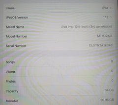Apple iPad Pro 12.9" (3rd Gen) 64GB Wi - Fi & Cellular A1895 | MTHJ2X/A - Read Conditions - Mega Cash Sydney
