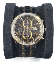 MENS SEIKO WATCH - 153.0GMS - SOLAR - GOLD AND TUNGSTEN CERAMIC BAND - CHRONOGRAPH - BLACK AND GOLD SAPPHIRE CRYSTAL - Mega Cash Sydney