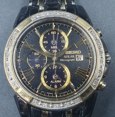 MENS SEIKO WATCH - 153.0GMS - SOLAR - GOLD AND TUNGSTEN CERAMIC BAND - CHRONOGRAPH - BLACK AND GOLD SAPPHIRE CRYSTAL - Mega Cash Sydney