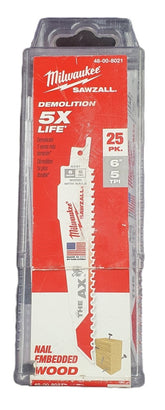 MILWAUKEE - 48-00-8021 - 6" 5 TPI AX™ SAWZALL® Blade for Wood with Nails (25 PK) - Mega Cash Sydney