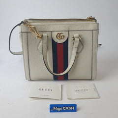 Gucci White Leather Small Ophidia Web Top Handle Tote