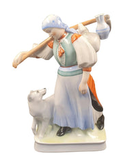ZSOLNAY FIGURINE ANTIQUE PORCELAIN SCULPTURE PEASANT WOMAN AND HER DOG 1900 - 1940 - Mega Cash Sydney