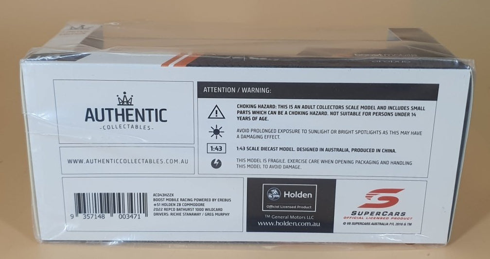 1:43 Authentic Collectables Holden ZB Commodore 51 Boost Mobile Powered By Erebus 2022 Repco Bathurst 1000 Wilcard Stanaway/Murphy - Mega Cash Sydney