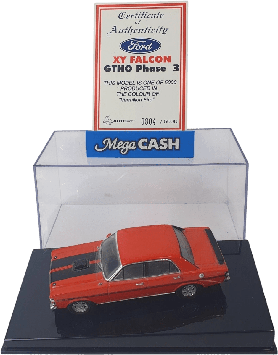 1:43 Biante - Ford Falcon XY GTHO Phase 3 - Vermilion Fire - Certification Card - Mega Cash Sydney