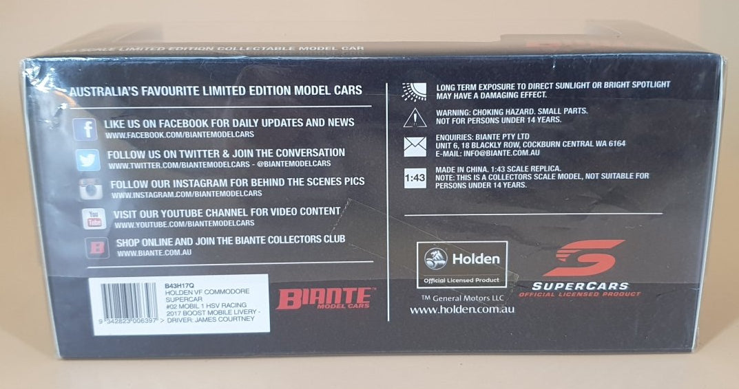 1/43 Biante Holden VF Commodore James Courtney 2017 Mobil 1 HSV Racing / Boost Mobile - Mega Cash Sydney