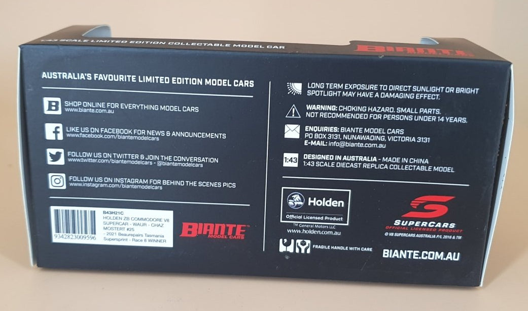 1:43 Holden ZB Commodore - Walkinshaw Andretti United 2021 Tasmania Supersprint Race 8 Winner (Chaz Mostert) 25 - Mega Cash Sydney