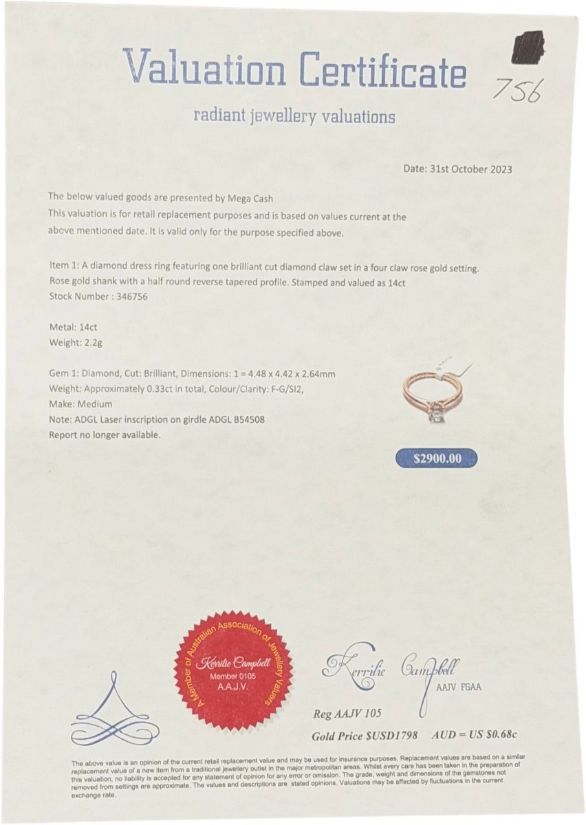 14ct Rose Gold 0.33CT Diamond Solitaire Ring with Valuation - Mega Cash Sydney