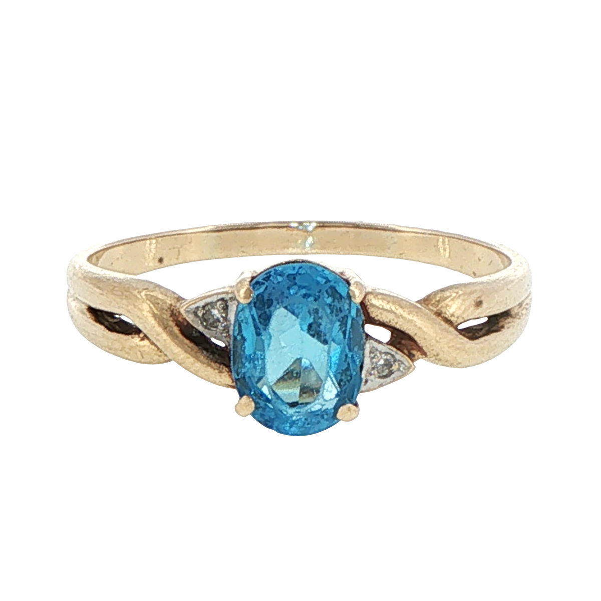 9ct Yellow Gold Oval Blue Topaz Twisted Band Ring
