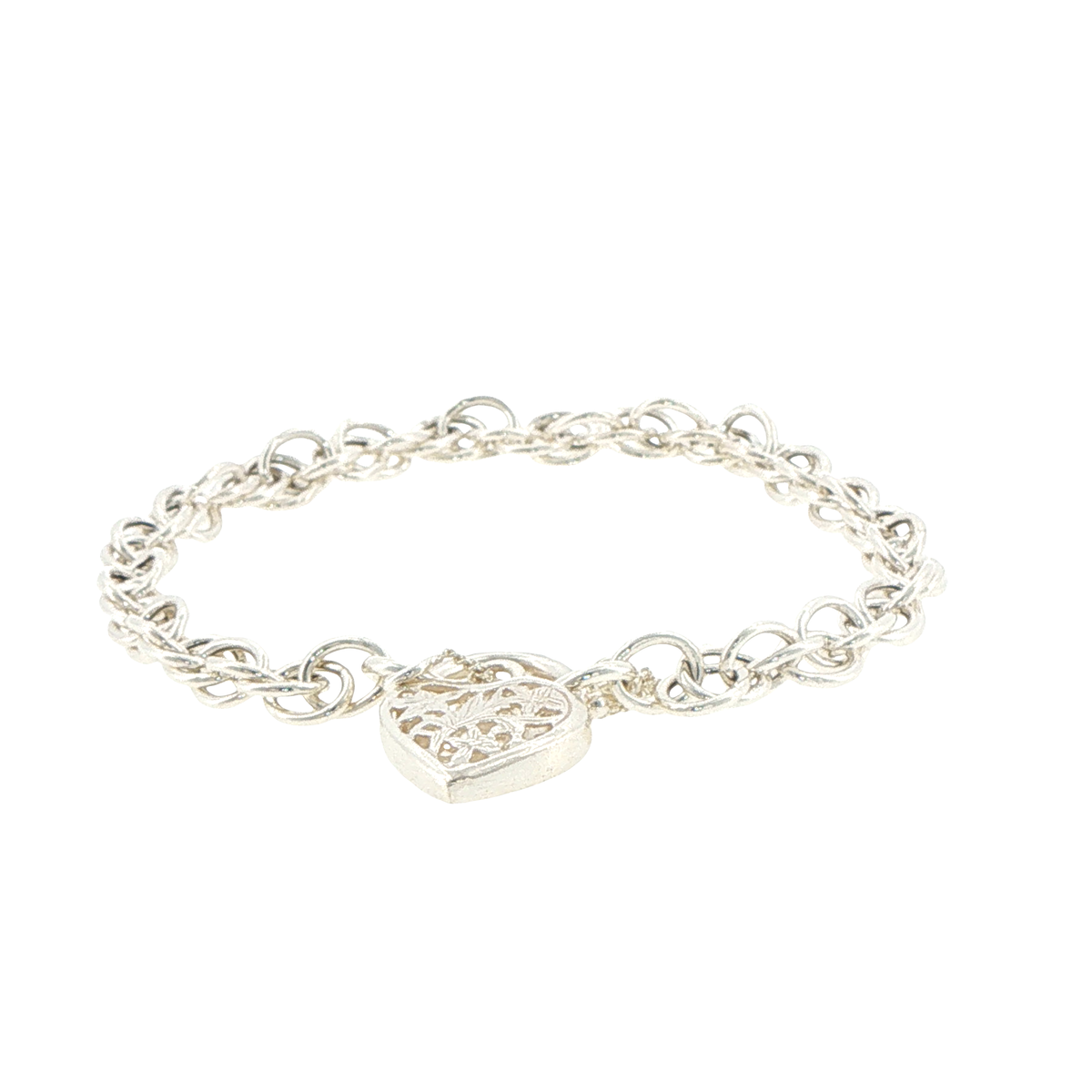 Silver Filigree Heart Charm Link Bracelet
