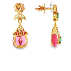 22ct Yellow Gold Pink Stone Drop Earrings with Pearl Accents