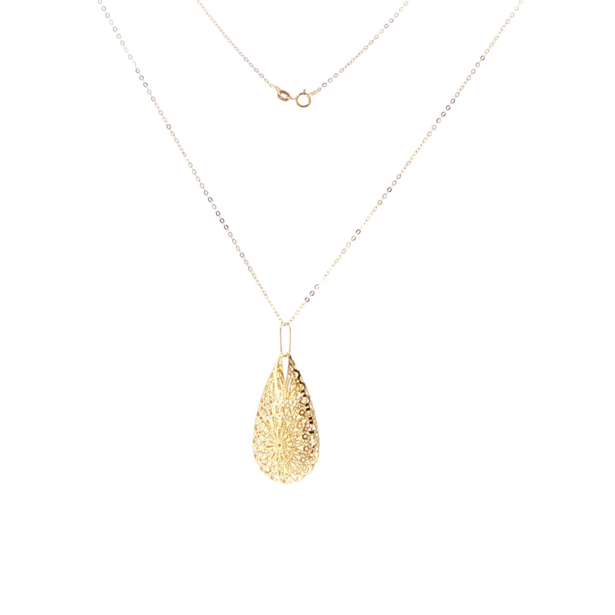 14ct Yellow Gold Filigree Teardrop Pendant Necklace