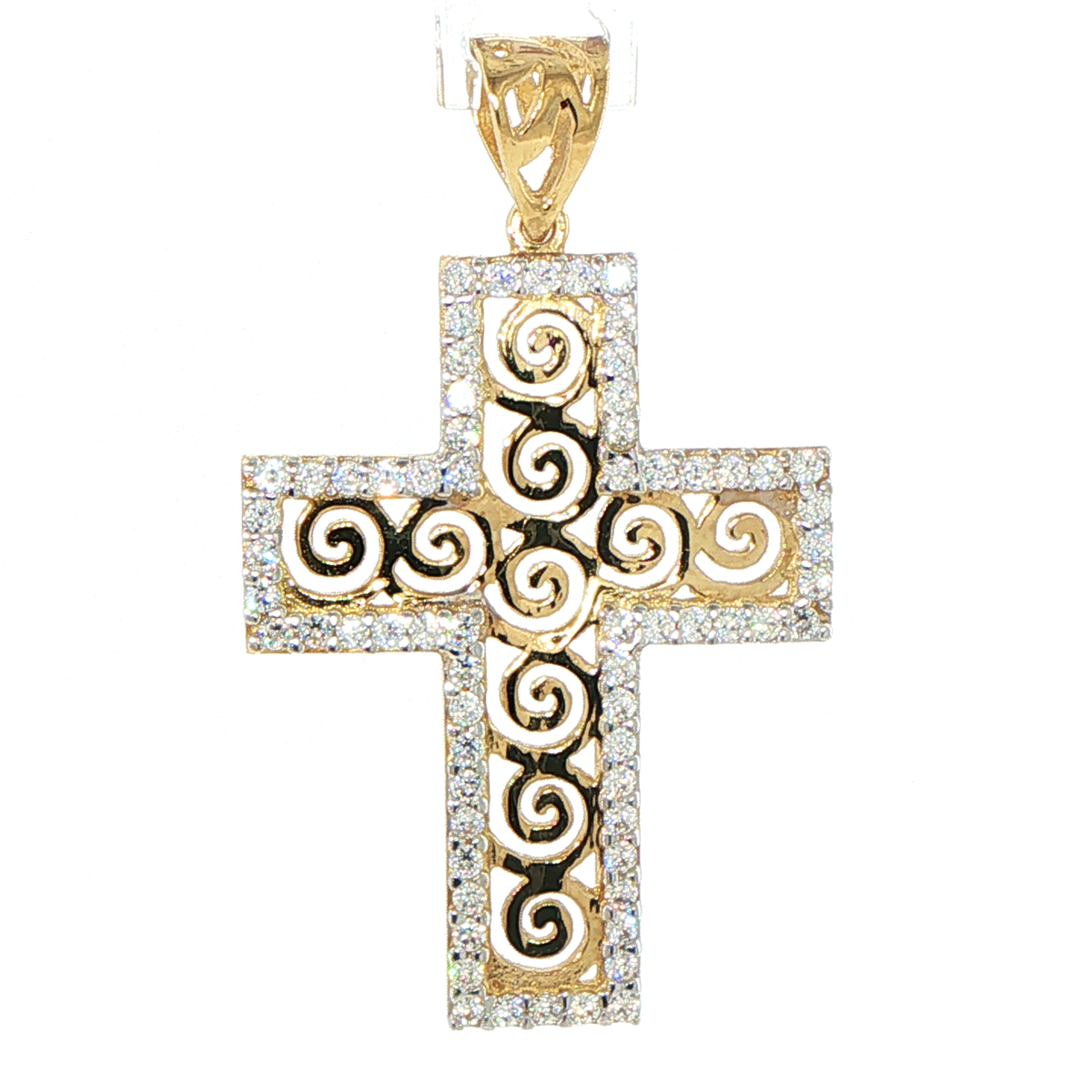9ct Yellow Gold Cubic Zirconia Border Scrollwork Cross Pendant