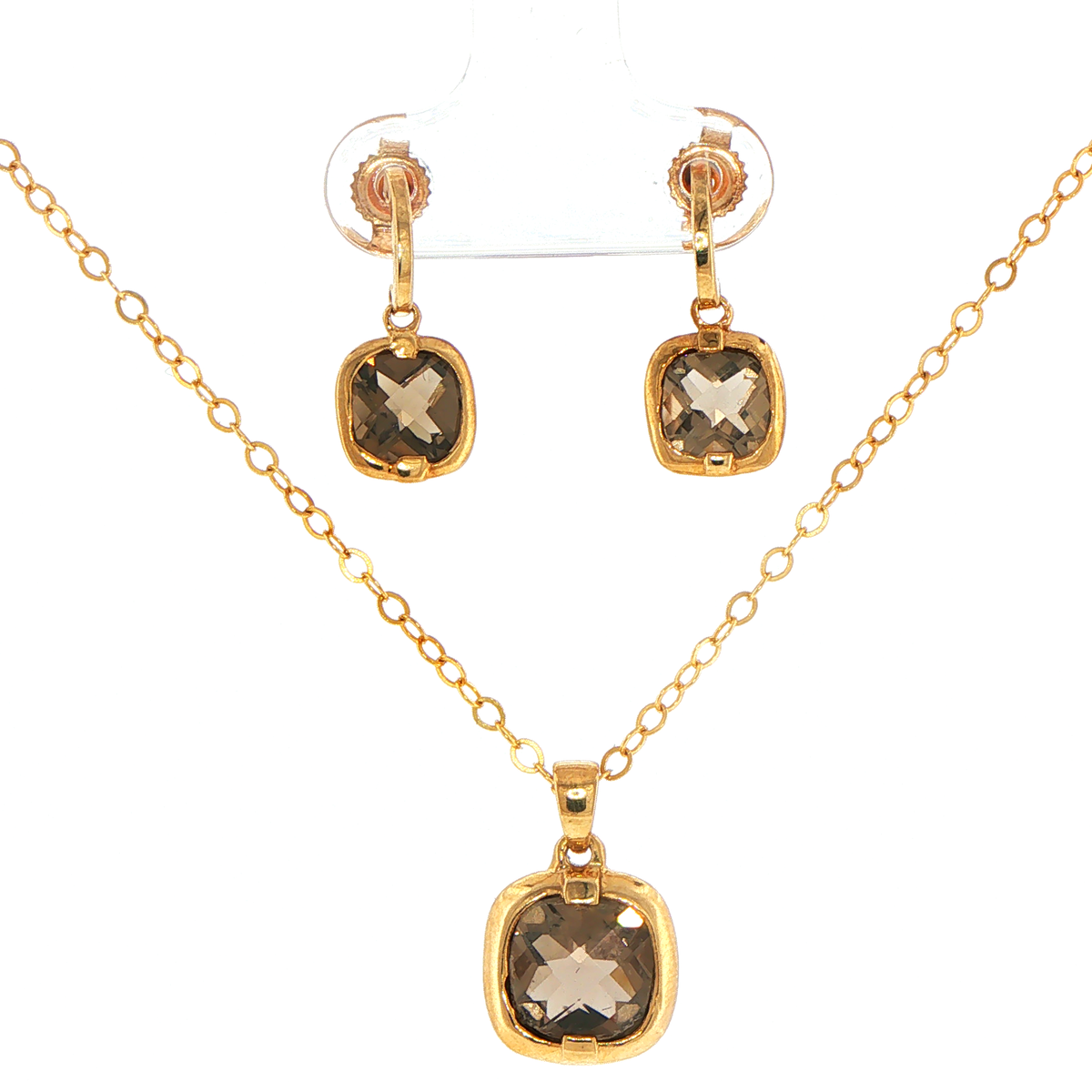 9ct Yellow Gold Cushion-Cut Smokey Stone Pendant and Earring Set