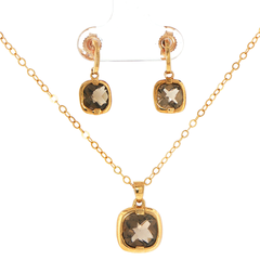9ct Yellow Gold Cushion-Cut Smokey Stone Pendant and Earring Set