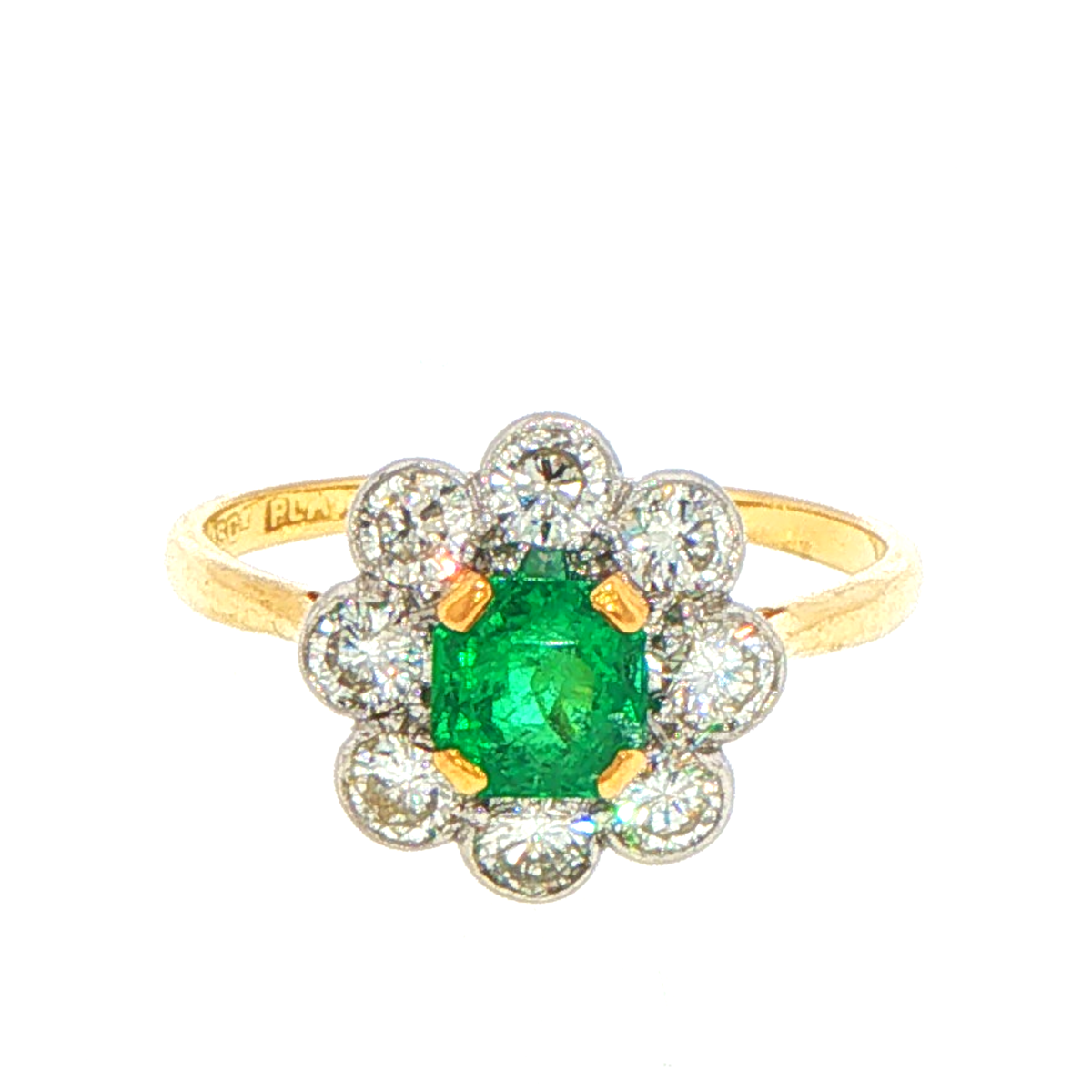 18ct Yellow Gold Emerald Cocktail Ring with Scalloped Halo with Valuation