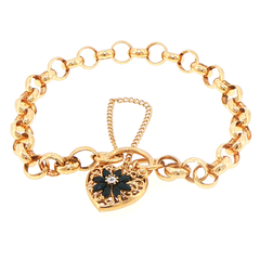 9ct Yellow Gold Black Heart and Diamond Charm Belcher Bracelet