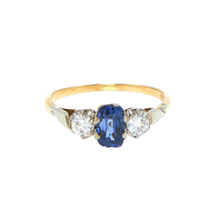 18ct Yellow Gold Royal Blue Sapphire and Diamond Three-Stone Ring with Valuation