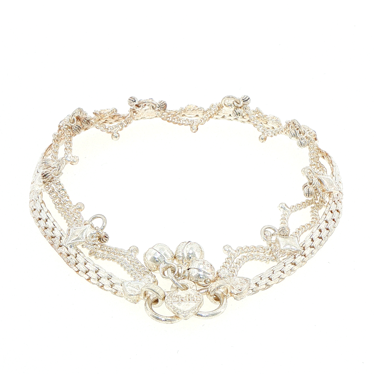 925 Sterling Silver Ornamental Filigree Anklet / Payal / Pajeb with Heart & Bell Details