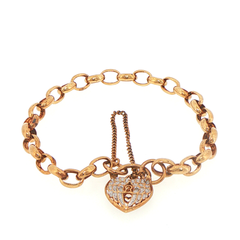 9ct Yellow Gold Diamond Heart Padlock Belcher Bracelet