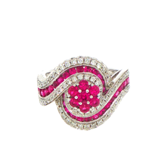 18ct White Gold Floral Swirl Pinkish-Red Ruby and Diamond Cocktail Ring - Valued at $8,390!