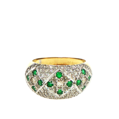 18ct Yellow Gold Pave Diamond and Emerald Quilted Dome Cocktail Ring - Valued at $8,595!