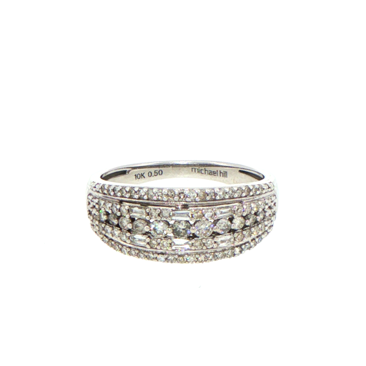 10ct White Gold Multi-Row Baguette and Round Diamond Band Ring