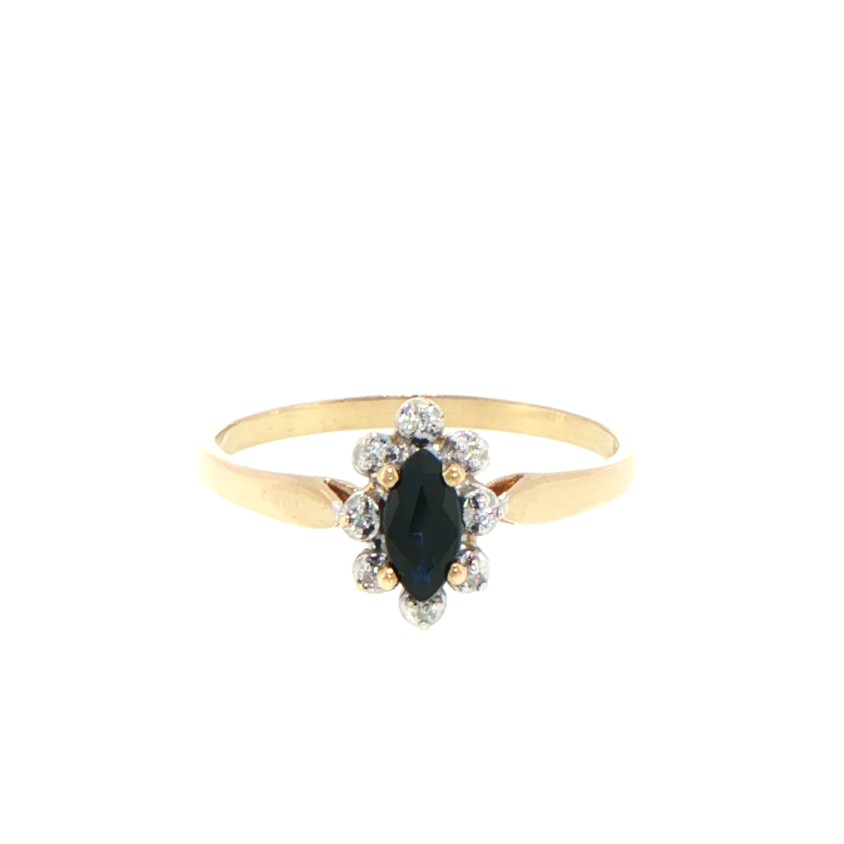 9ct Yellow Gold Marquise Deep Blue Sapphire Halo and Diamond Ring