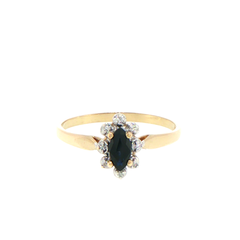 9ct Yellow Gold Marquise Deep Blue Sapphire Halo and Diamond Ring