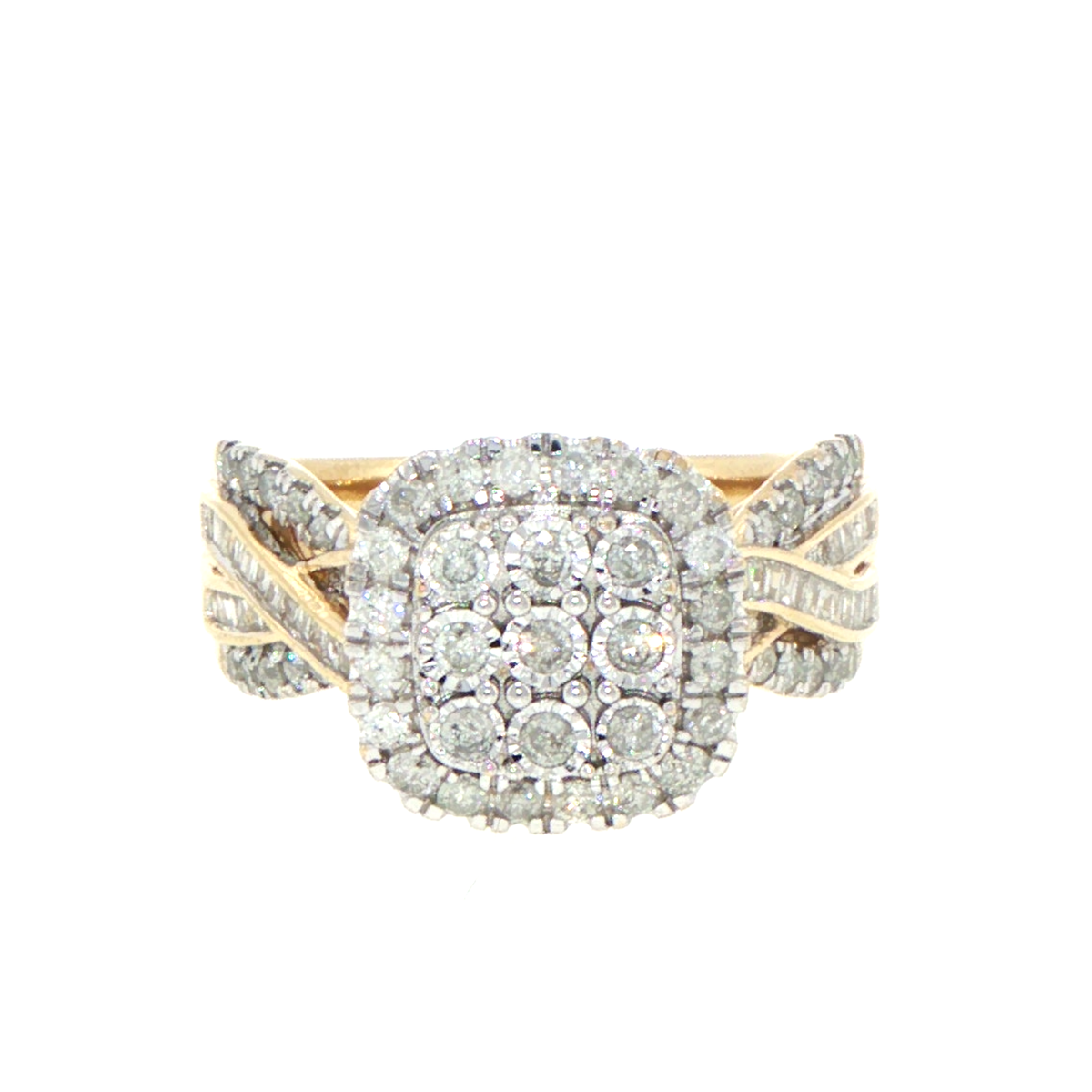 9ct Yellow Gold 1.00CT TDW Diamond Cluster Twisted Shank Ring