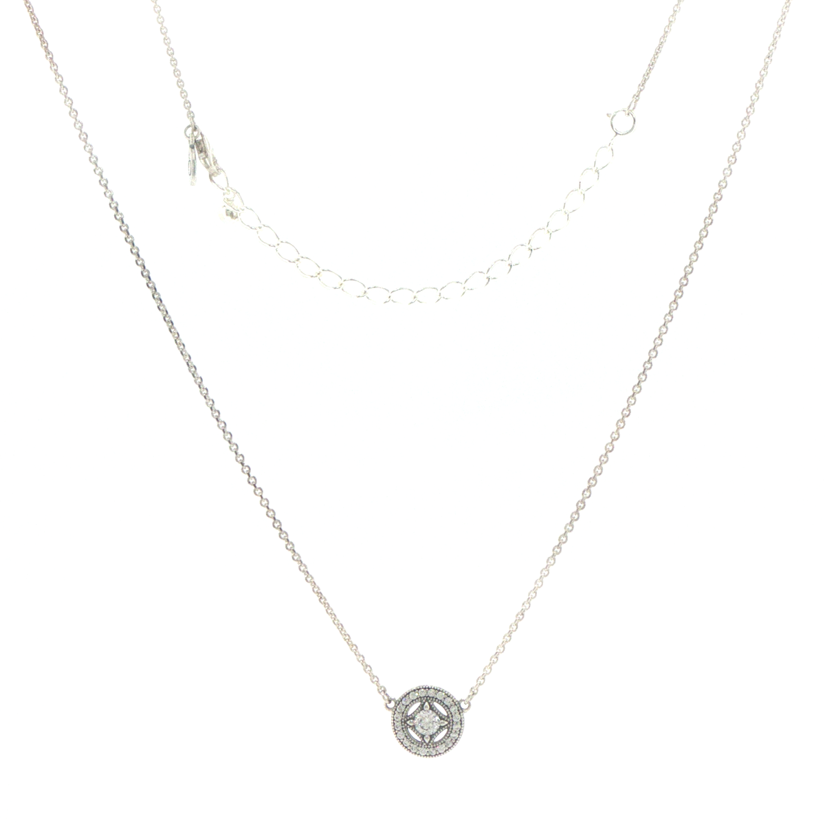 Pandora Silver Vintage-Inspired Cubic Zirconia Halo Pendant Necklace with Extension Chain