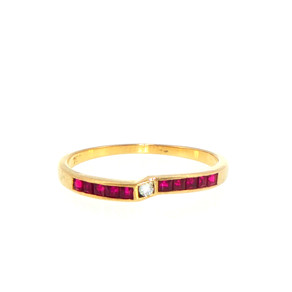 18ct Yellow Gold Ruby Channel Set Band Ring with Diamond Accent