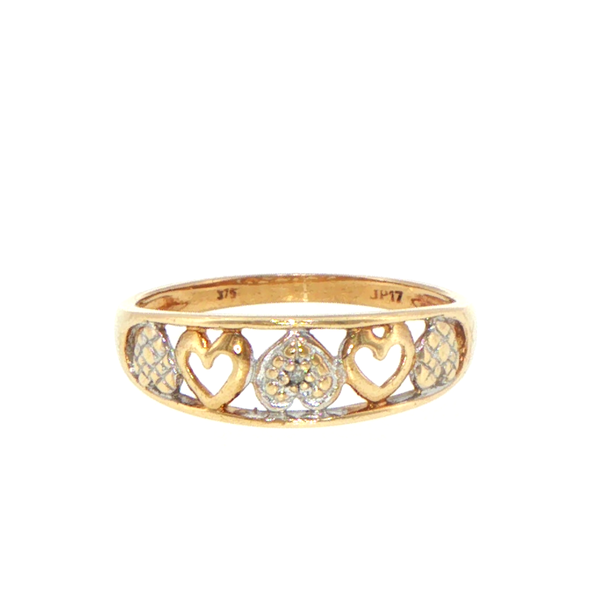 9ct Yellow Gold Openwork Heart Band Ring with Diamond Accent