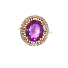 14ct Yellow Gold Oval Amethyst Cocktail Ring with Openwork Halo Valuation $2275