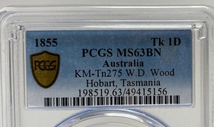 1855 KM-Tn275 W.D. Wood Hobart, Tasmania 1 Penny Token Tk 1D R600 - PCGS MS63BN - Mega Cash Sydney
