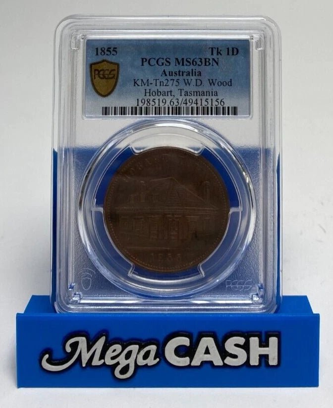 1855 KM-Tn275 W.D. Wood Hobart, Tasmania 1 Penny Token Tk 1D R600 - PCGS MS63BN - Mega Cash Sydney