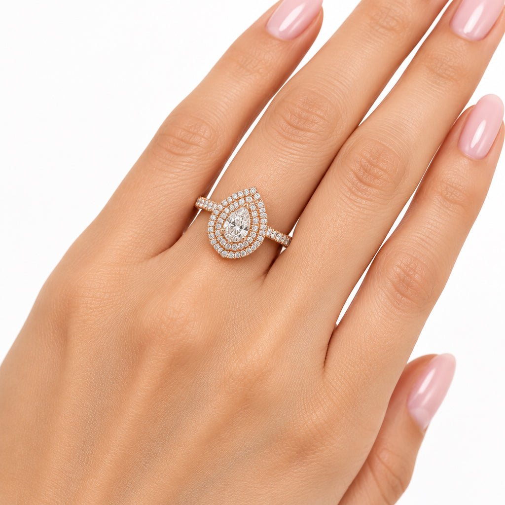 18ct Rose Gold Pear-Shaped Double Halo Diamond Engagement Ring - Mega Cash Sydney