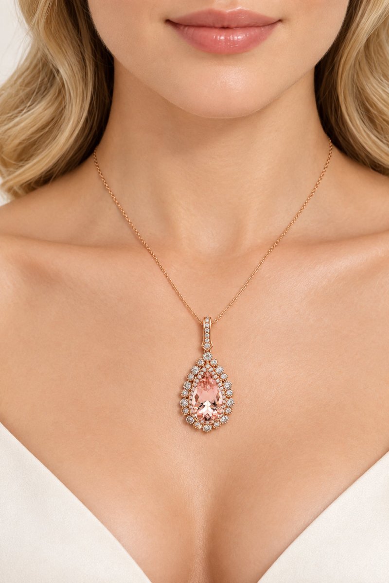 18ct Rose Gold Pear-Shaped Morganite Double Halo Pendant - Mega Cash Sydney