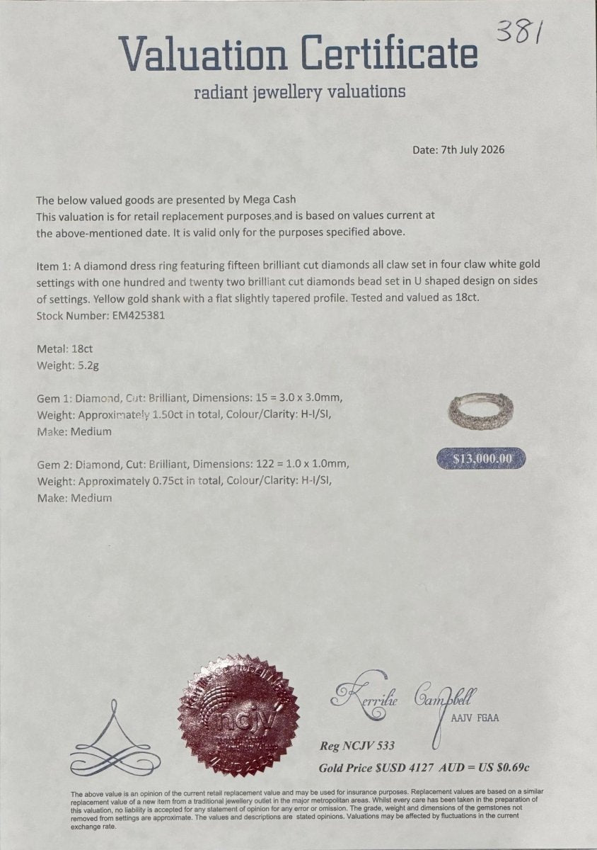 18ct White Gold Diamond Eternity Ring with Valuation - Mega Cash Sydney