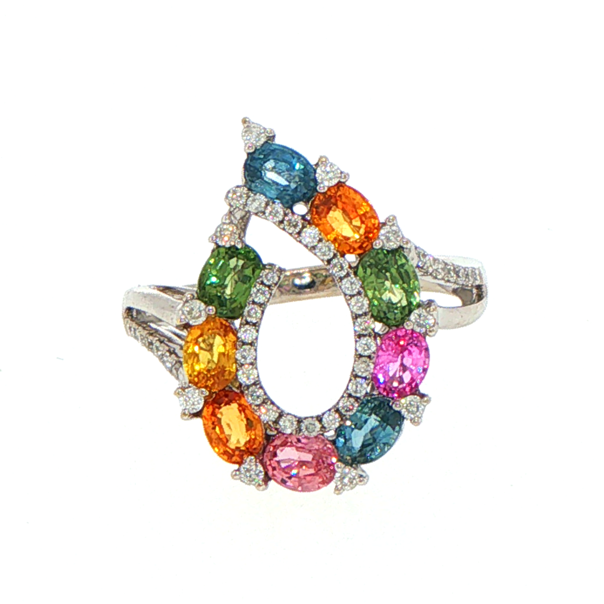 18ct White Gold Multi-Color Sapphire Open Teardrop Cocktail Ring with Valuation - Mega Cash Sydney