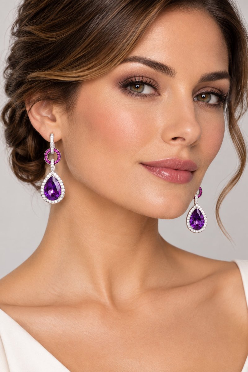 18ct White Gold Pear-Cut Amethyst Halo Drop Earrings - Mega Cash Sydney