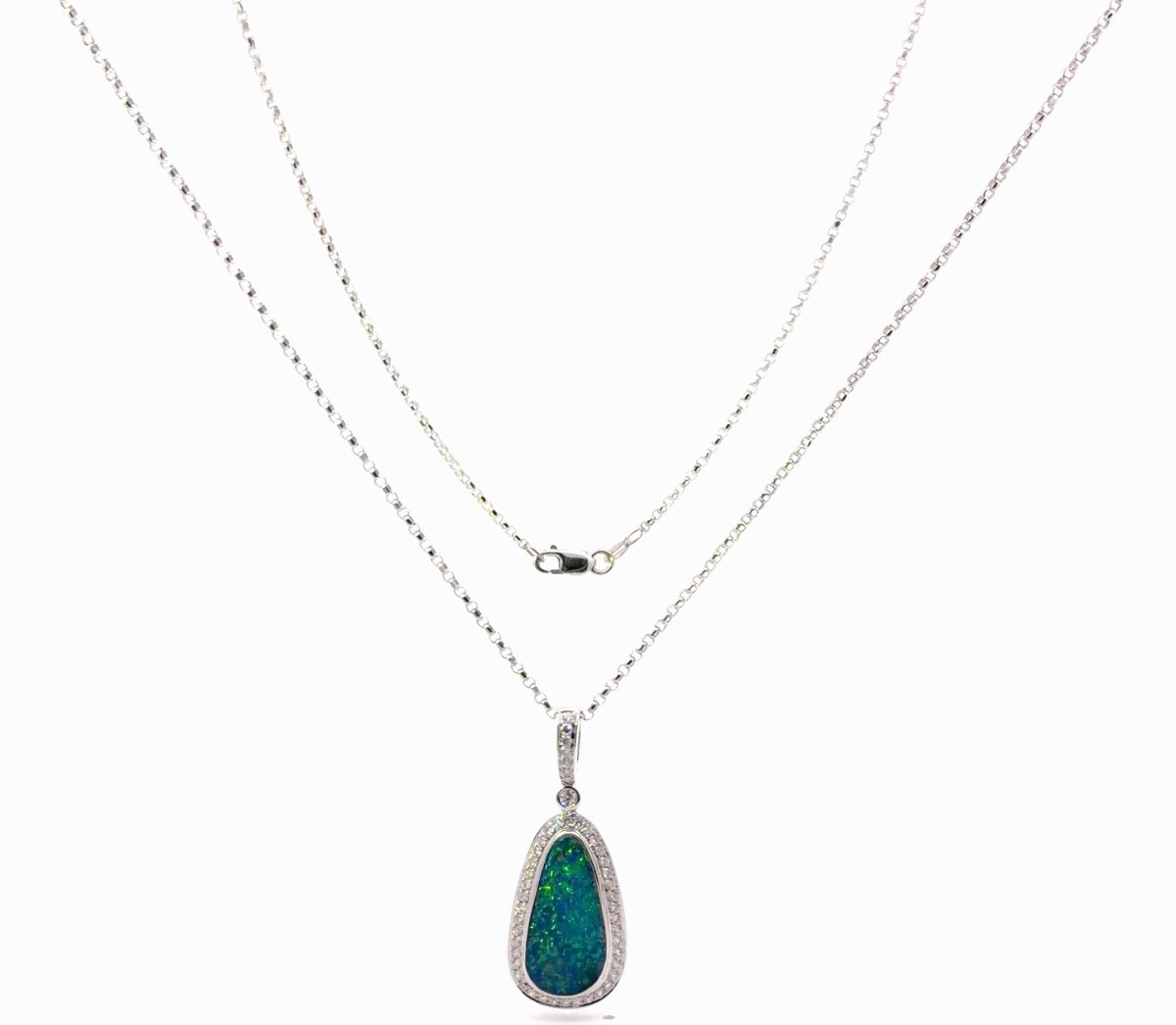 18ct White Gold Pear-Shaped Opal and Diamond Halo Pendant Necklace - Mega Cash Sydney