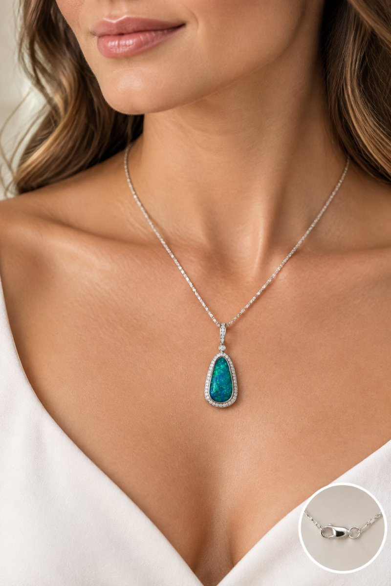 18ct White Gold Pear-Shaped Opal and Diamond Halo Pendant Necklace - Mega Cash Sydney
