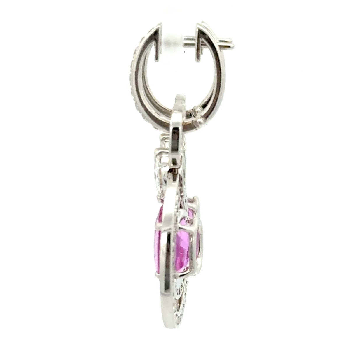 18ct White Gold Vivid Pink Sapphire Double Halo Drop Earrings - Mega Cash Sydney