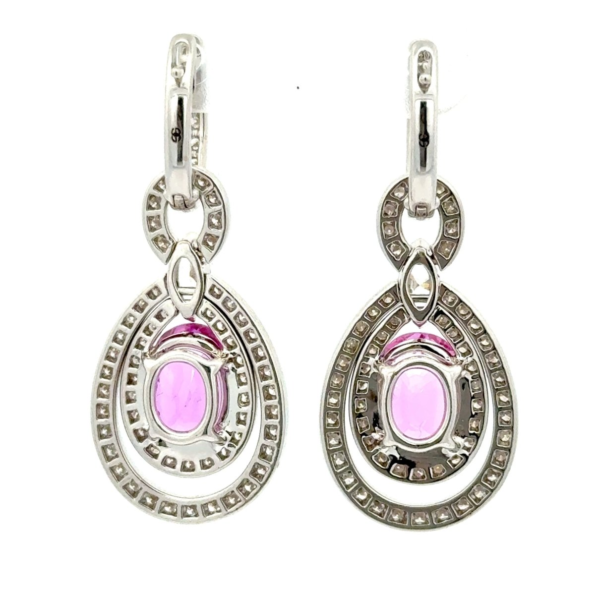 18ct White Gold Vivid Pink Sapphire Double Halo Drop Earrings - Mega Cash Sydney