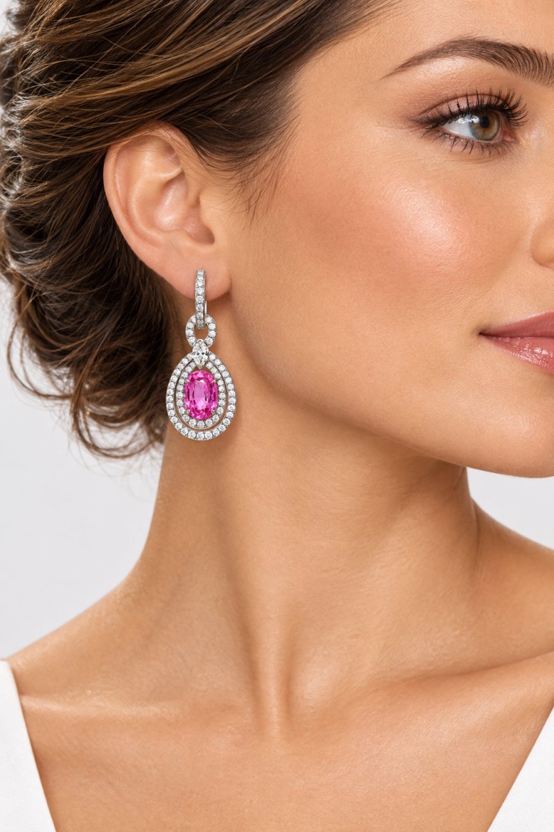 18ct White Gold Vivid Pink Sapphire Double Halo Drop Earrings - Mega Cash Sydney