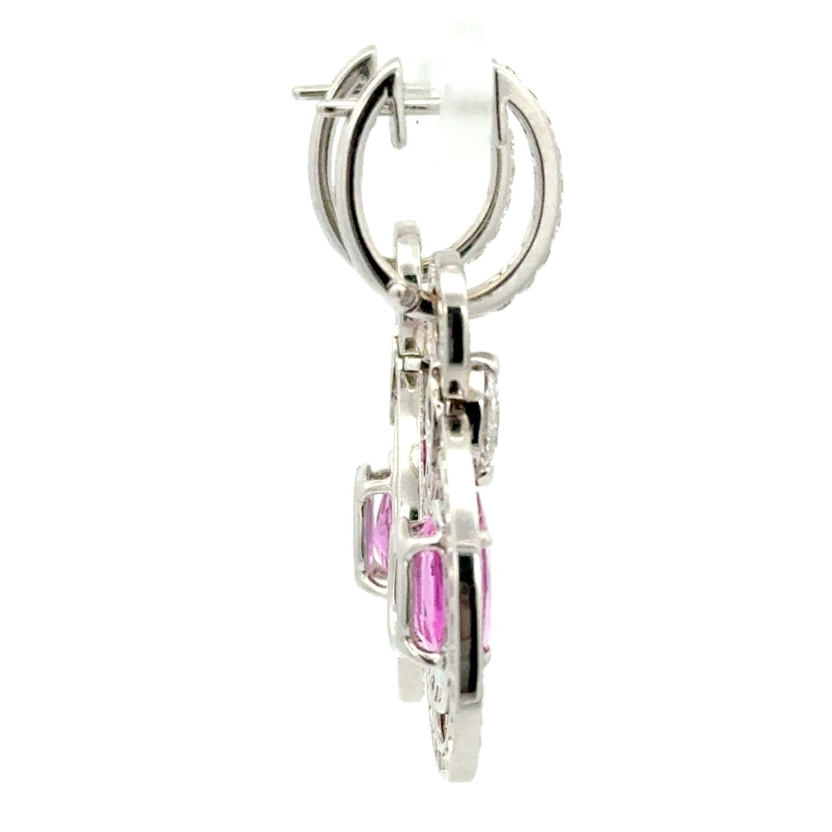 18ct White Gold Vivid Pink Sapphire Double Halo Drop Earrings - Mega Cash Sydney
